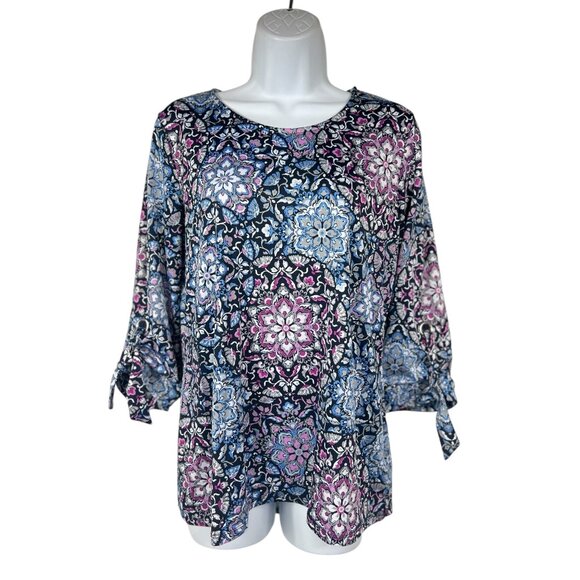 Croft & Barrow Womens Small Floral Print 3/4 Tie Sleeve Blouse - Picture 11 of 14